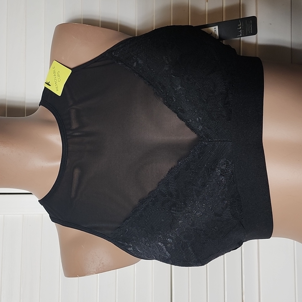 Nicole Miller Black Mesh High Neck Lace Bra Top Large NWT